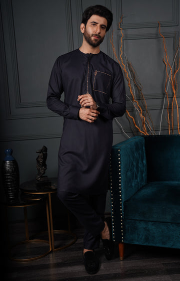 Black Color Brown Embellished Kurta Pajama For Men